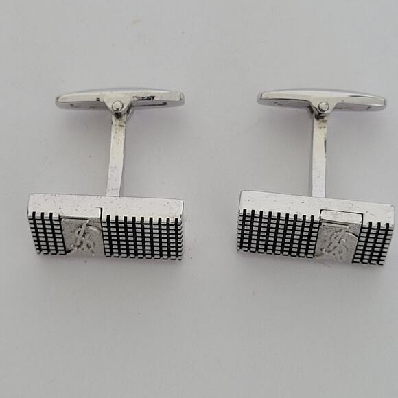 Yves Saint Laurent YSL Silver Tone Rectangle Logo Cufflinks Designer Geometric - Picture 3 of 6